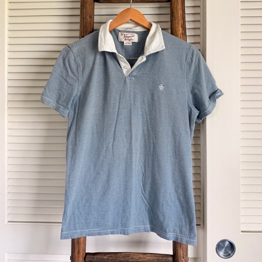 Original Penguin Polo Shirt Medium Blue Striped Heritage Slim Fit